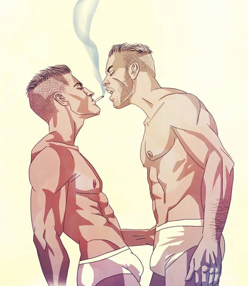 Two boys sharing a cigarette